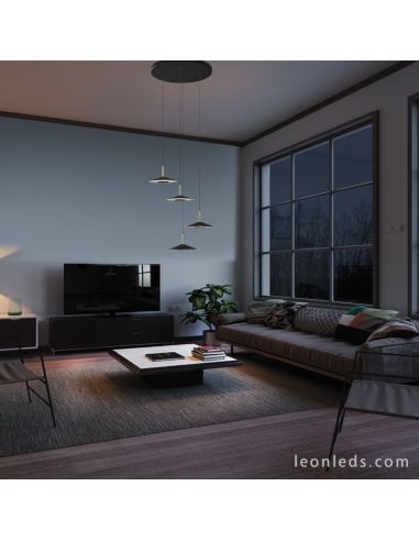 Salón con Lámpara Colgante LED Cuero Negro y Latón 32W 3000K 2360Lm Orion 7476 | LeonLeds