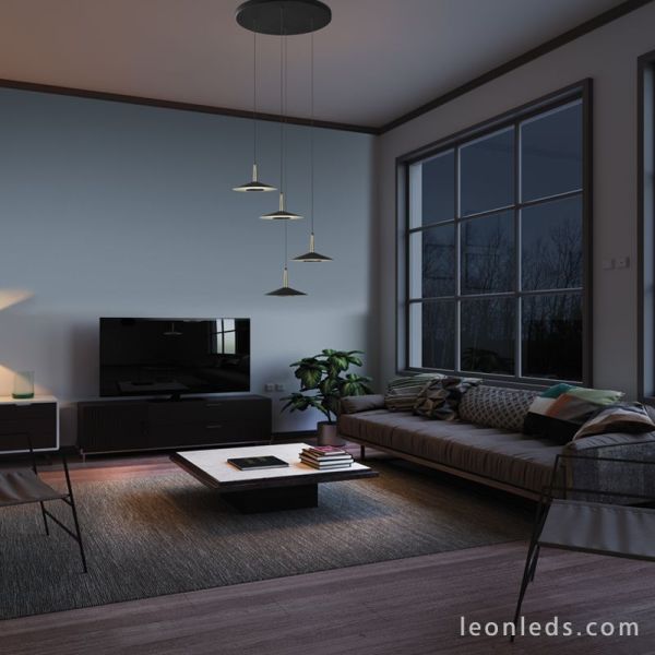 Salón con Lámpara Colgante LED Cuero Negro y Latón 32W 3000K 2360Lm Orion 7476 | LeonLeds