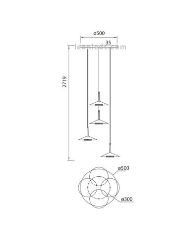 Dimensões Candeeiro Suspenso LED Couro Preto e Latão 32W 3000K 2360Lm Orion | leonleds