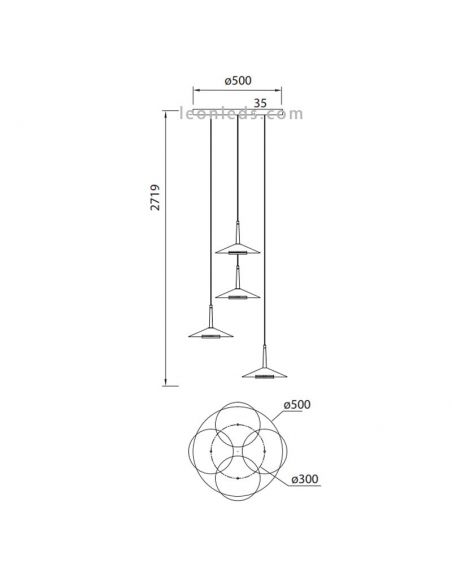 Dimensões Candeeiro Suspenso LED Couro Preto e Latão 32W 3000K 2360Lm Orion | leonleds