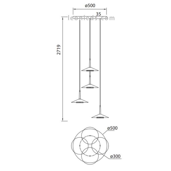 Dimensiones Lámpara Colgante LED Cuero Negro y Latón 32W 3000K 2360Lm Orion | LeonLeds