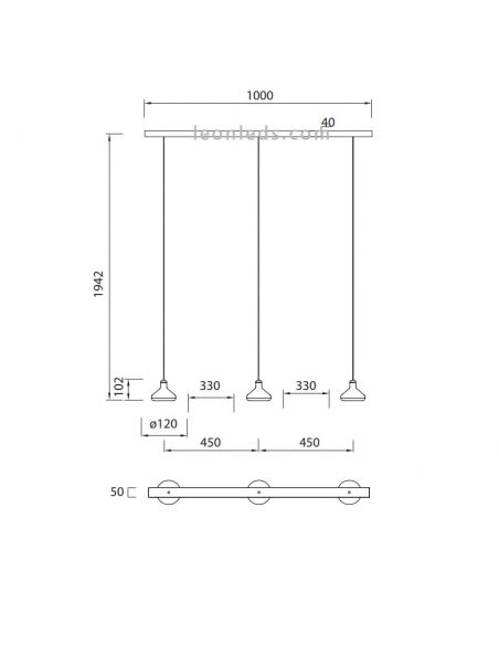Dimensions Plafonnier LED avec 3 abat-jour Orion 24W 3000K 1770Lm Orion 7475 Mantra | leonleds