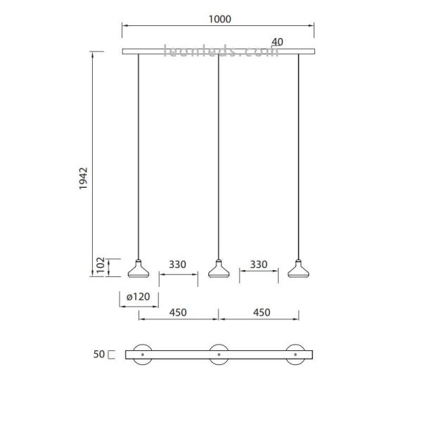 Dimensiones Lámpara de techo LED 3 pantallas Orion 24W 3000K 1770Lm Orion 7475 Mantra | LeonLeds