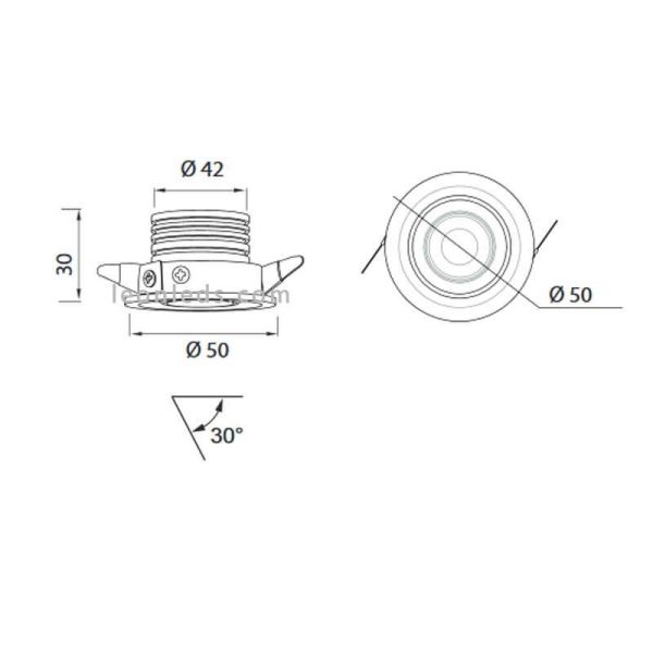 Dimensiones Mini Foco LED empotrable y orientable Blanco 3W 210Lm Neptuno 7451 7452 Mantra | LeonLeds