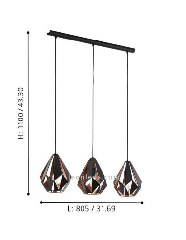 Dimensões Luminária pendente com 3 abajures suspensos Preto e Cobre Carlton 1 49991 Eglo | leonleds