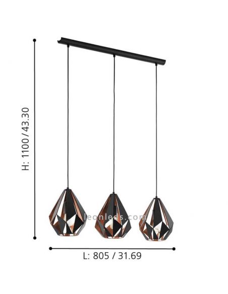 Dimensiones Lámpara Colgante con 3 pantallas suspendidas Negra y Cobre Carlton 1 49991 Eglo | LeonLeds