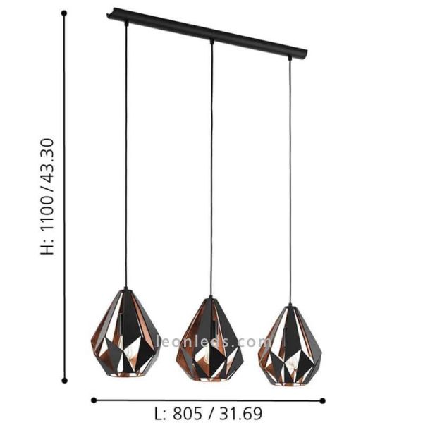 Dimensiones Lámpara Colgante con 3 pantallas suspendidas Negra y Cobre Carlton 1 49991 Eglo | LeonLeds