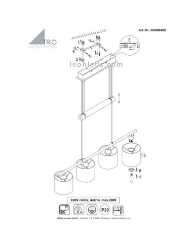 Comment installer Lampe suspendue avec 4 abat-jour Chrome et Blanc Garda 305400401 Trio Lighting | Éclairage LeonLeds