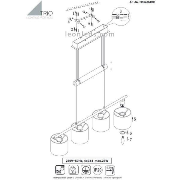 Comment installer Lampe suspendue avec 4 abat-jour Chrome et Blanc Garda 305400401 Trio Lighting | Éclairage LeonLeds