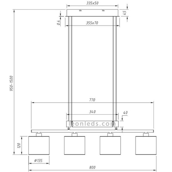 Dimensiones Lámpara colgante con 4 pantallas Cromada y Blanca Garda 305400401 Trio Lighting | LeonLeds Iluminación