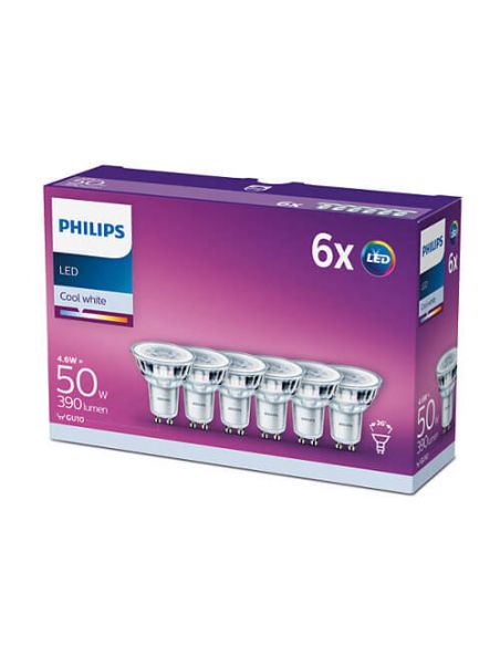 Caja Pack 6 Bombillas LED GU10 4,6W 36º 4000K CorePro Philips 8718696764657  | LeonLeds.com