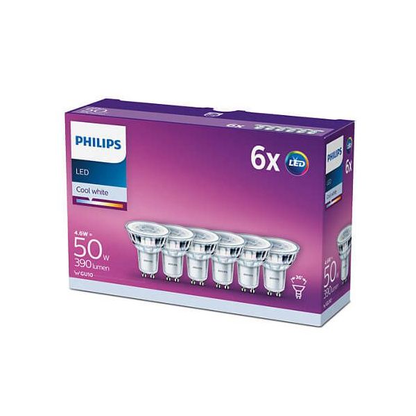 Caja Pack 6 Bombillas LED GU10 4,6W 36º 4000K CorePro Philips 8718696764657  | LeonLeds.com