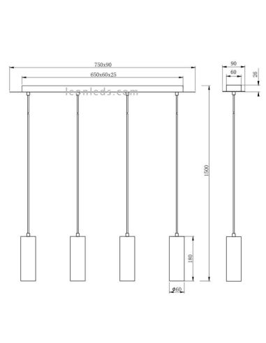 Dimensiones Lámpara de techo Marley con 4 focos 4XGU10 regulable en altura Trio Lihgting | LeonLeds