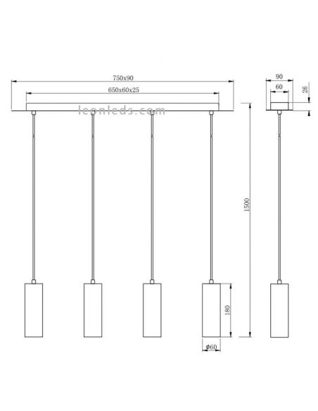 Dimensiones Lámpara de techo Marley con 4 focos 4XGU10 regulable en altura Trio Lihgting | LeonLeds