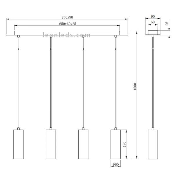 Dimensiones Lámpara de techo Marley con 4 focos 4XGU10 regulable en altura Trio Lihgting | LeonLeds