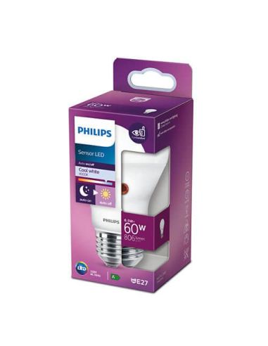 Caja Bombilla E27 LED con Sensor de Luz 6.5W - 60W 4000K Philips 8718699782719 | LeonLeds.com