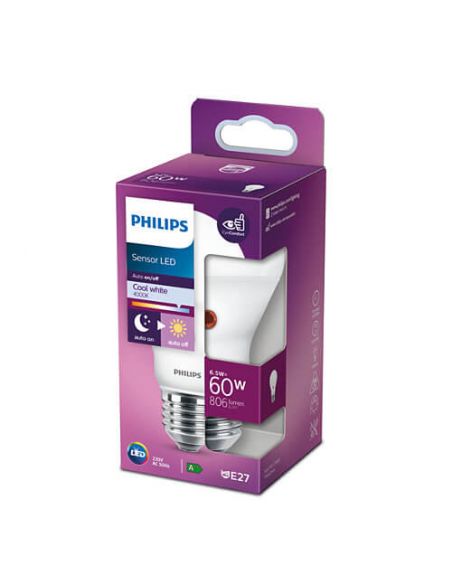 Boîte d'ampoule LED E27 avec capteur de lumière 6,5W - 60W 4000K Philips 8718699782719 | LeonLeds.com
