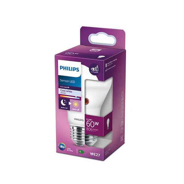 Caja Bombilla E27 LED con Sensor de Luz 6.5W - 60W 4000K Philips 8718699782719 | LeonLeds.com