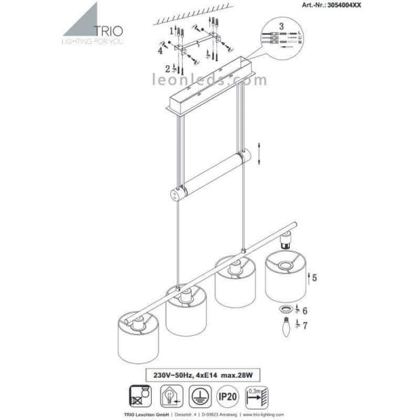 Como instalar Lámpara de techo Garda 4 pantallas Gris y Dorado 305400441 Trio Lighting | LeonLeds Iluminación