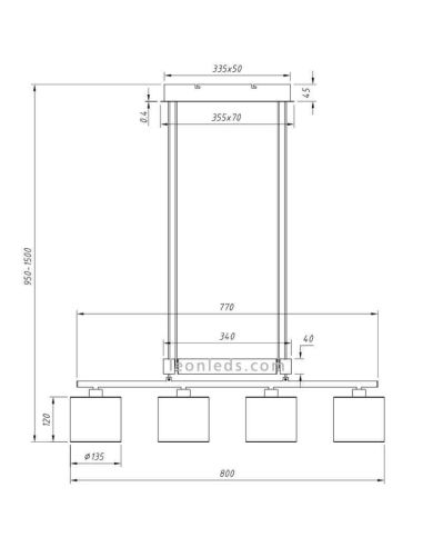 Dimensions Plafonnier Garda 4 abat-jour Gris et Or 305400441 Trio Lighting | Éclairage LeonLeds