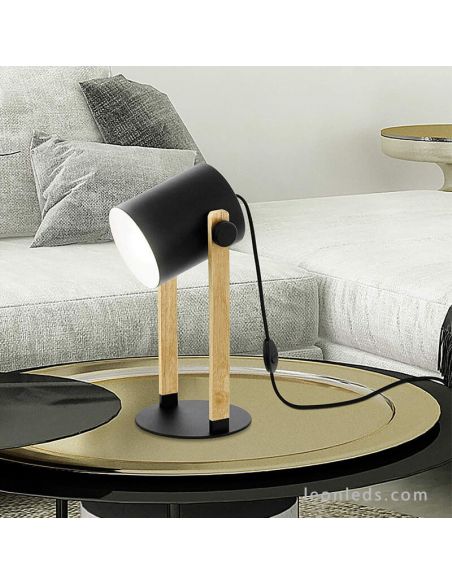 Ambiente Candeeiro de mesa preto e madeira Hornwood | Leon Iluminação LED