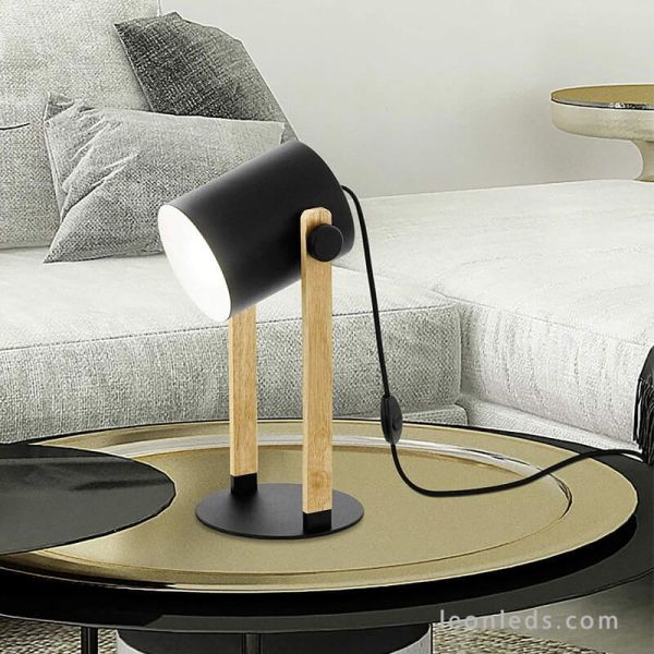 Ambiente Lámpara sobremesa negra y madera Hornwood | LeonLeds Iluminación