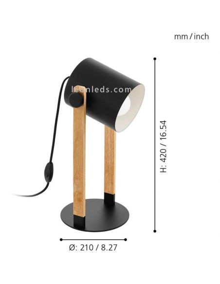 Dimensiones Lámpara sobremesa negra y madera Hornwood | LeonLeds Iluminación