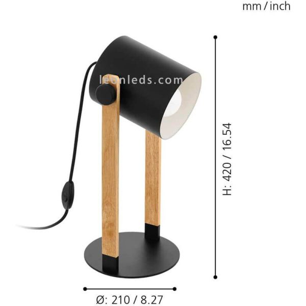 Dimensiones Lámpara sobremesa negra y madera Hornwood | LeonLeds Iluminación