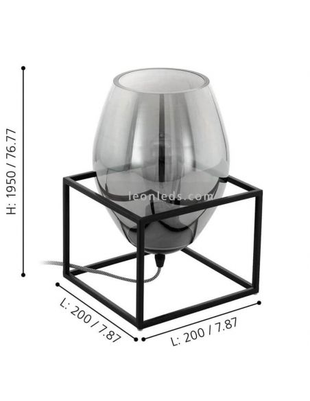 Dimensiones lámpara de mesa de vidrio negro Olival 1XE27 de Eglo| LeonLeds Iluminación