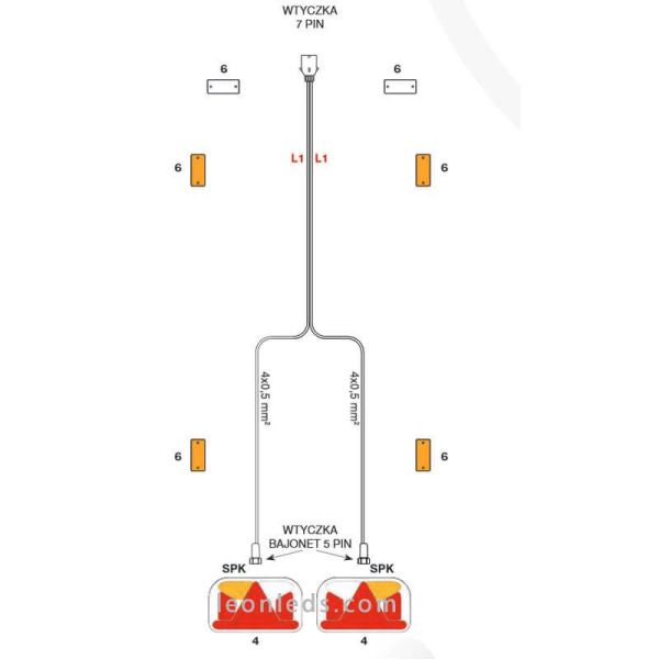 Câblage de remorque avec connecteur 7 pôles et 2 connecteurs 5 broches pour feux arrière Agropar | Éclairage LeonLeds