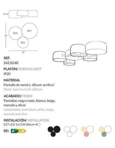 Ficha de producto de Plafón de techo Pot Blanco Brillante 3 Luces FM Iluminación | LeonLeds