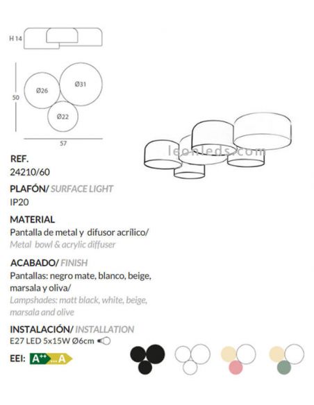 Ficha de producto de Plafón de techo Pot Blanco Brillante 3 Luces FM Iluminación | LeonLeds
