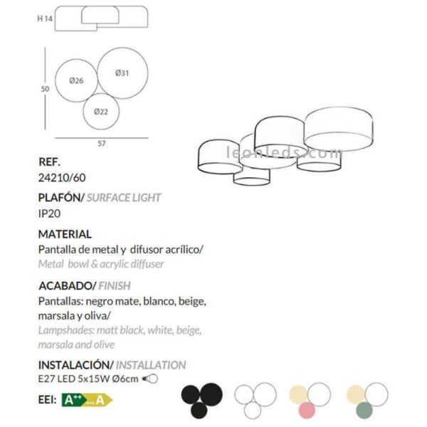 Ficha de producto de Plafón de techo Pot Blanco Brillante 3 Luces FM Iluminación | LeonLeds
