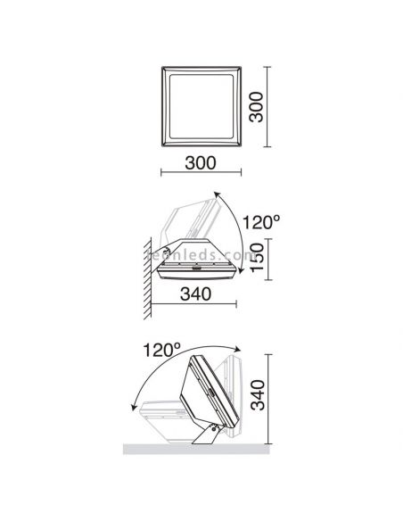 Dimensions Cayu applique/plafonnier LED d'extérieur multifonction 120º Dopo Lighting | Éclairage LeonLeds