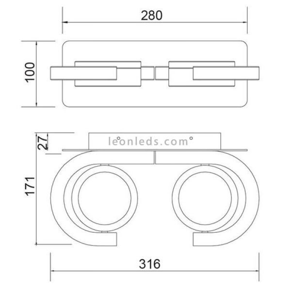 Dimensiones Aplique Exterior orientable 2 luces Iguazu de Mantra | LeonLeds