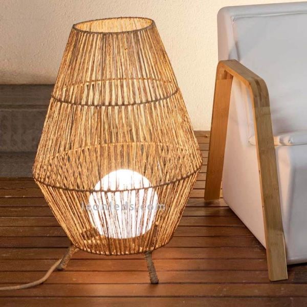 Lampadaire d'extérieur en jute SISINE 70 avec batterie | Éclairage LeónLeds | lampe en bois marron