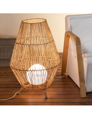 Lámpara de pie yute para exterior techado SISINE 70 con cable | LeónLeds Iluminación | luminaria madera marrón