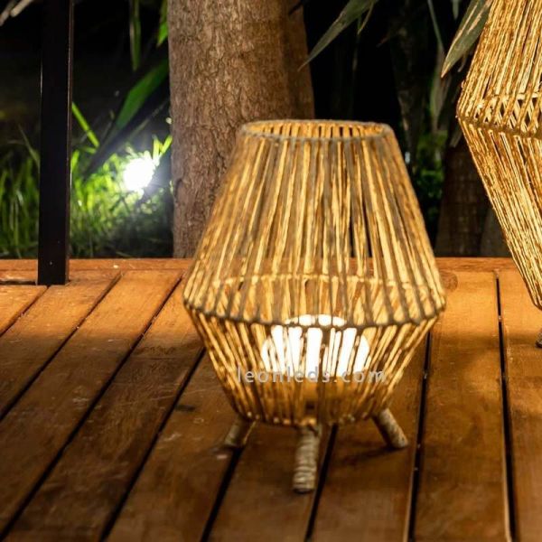 Lámpara de pie yute portatil SISINE 30 cm con bateria | LeónLeds Iluminación | lámpara madera marrón