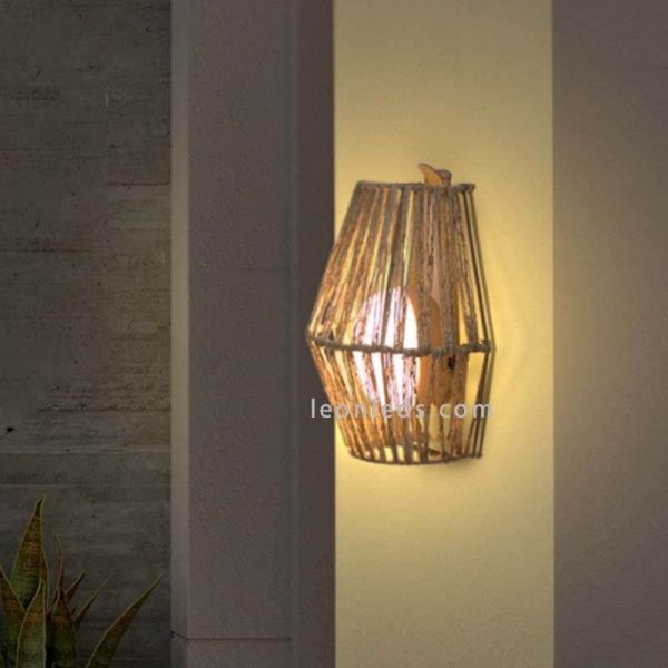 Arandela de juta para exterior SISINE 25 com bateria | LeónIluminação Leds | lâmpada de parede de madeira marrom