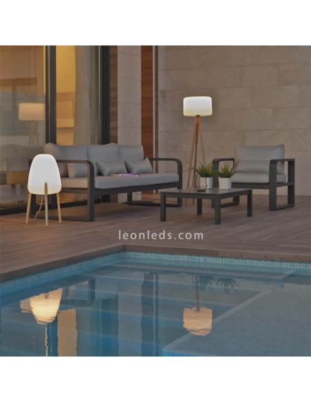 Lámpara trípode madera cable exterior pantalla blanca Chloe New Garden | LeonLeds Iluminación