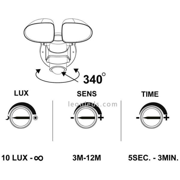 Aplique LED con doble luz direccionable y sensor para exterior Pagino | LeónLeds Iluminación | lcon sensor de movimiento