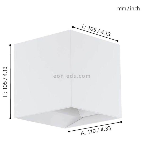 Arandela LED quadrada de alumínio IP54 para exterior Calpino | LeónIluminação Leds | Medidas da luminária de parede branca