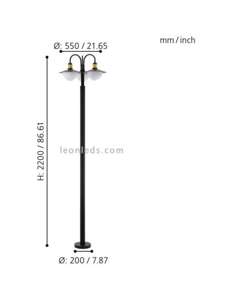 Farola exterior Sirmione para jardín alta 220 cm IP44 | LeónLeds Iluminación | Farola negra 3XE27 medidas