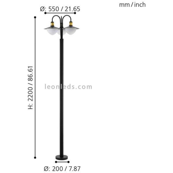 Farola exterior Sirmione para jardín alta 220 cm IP44 | LeónLeds Iluminación | Farola negra 3XE27 medidas