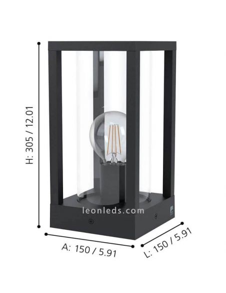 Dimensões da série Cascinetta de parede pequena de vidro preto Eglo Iluminación marca | Leon Iluminação LED