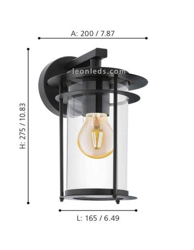 Aplique negro exterior de acero casquillo E27 Valdeo dimensiones marca Eglo Iluminación | LeónLeds Iluminación