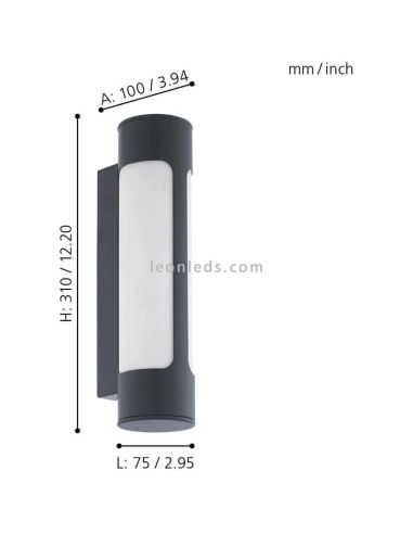Dimensões arandela LED cilíndrica antracite Tonego para exterior Eglo Iluminación | Leon Iluminação LED