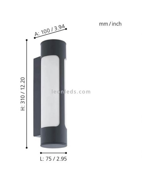 Dimensões arandela LED cilíndrica antracite Tonego para exterior Eglo Iluminación | Leon Iluminação LED