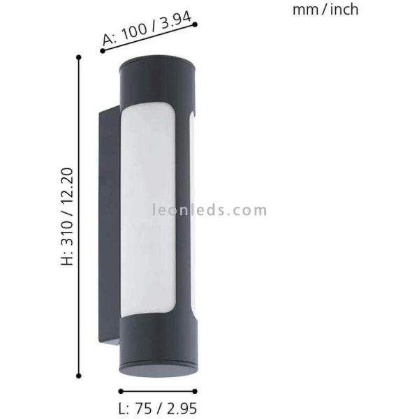 Dimensiones aplique LED Tonego exterior antracita cilíndrico Eglo Iluminación | LeónLeds Iluminación