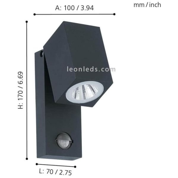 Dimensiones aplique LED Sakeda antracita con sensor de movimiento Eglo Iluminación | LeónLeds Iluminación
